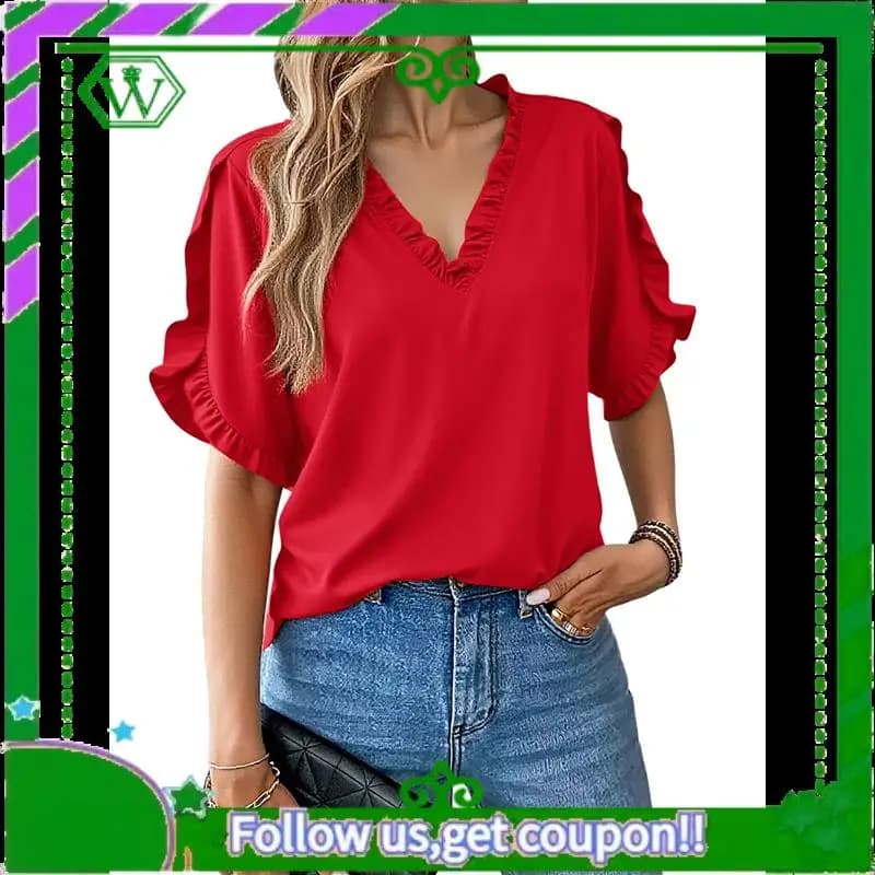 A18P-Top estivi da donna a maniche corte con volant T-shirt ampia con scollo a V Camicette casual eleganti e solide