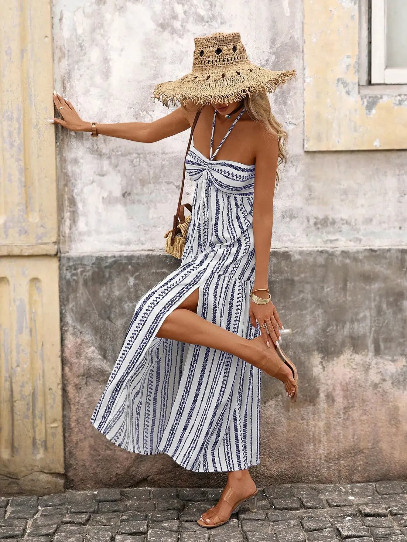 Abito lungo da donna a righe stile boho con collo all'americana e spacco laterale