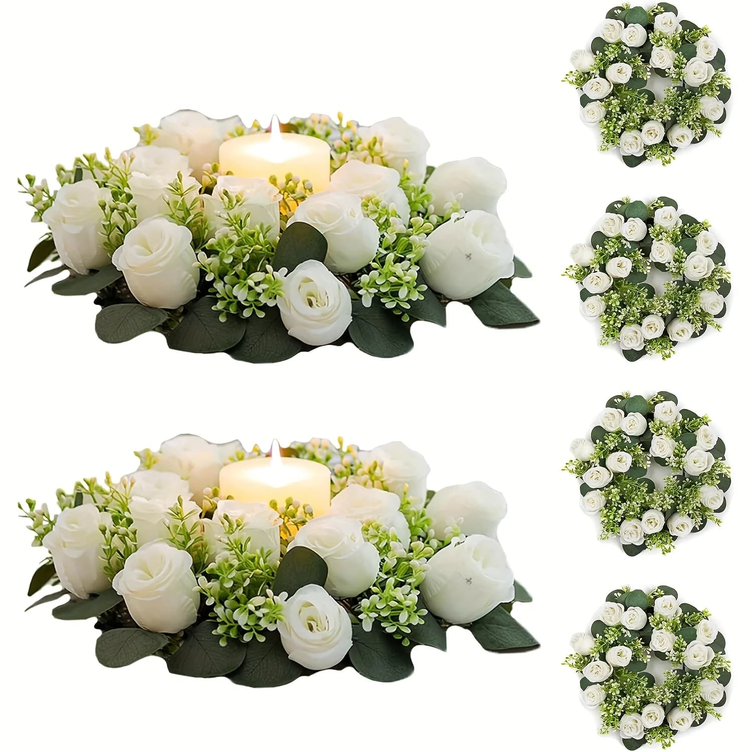 6 pezzi di grandi ghirlande ad anello per candele, diametro interno 14 pollici, rose bianche finte, fiori artificiali, centrotavola per matrimoni, ghirlande primaverili ed estive per la porta d'ingresso, bouquet per matrimoni, decorazioni per feste