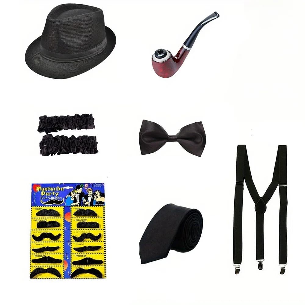 Set di Abbigliamento Anni '20 PESENAR, Costumi da Uomo con Accessori Come Cappelli, Bretelle e Decorazioni per la Barba