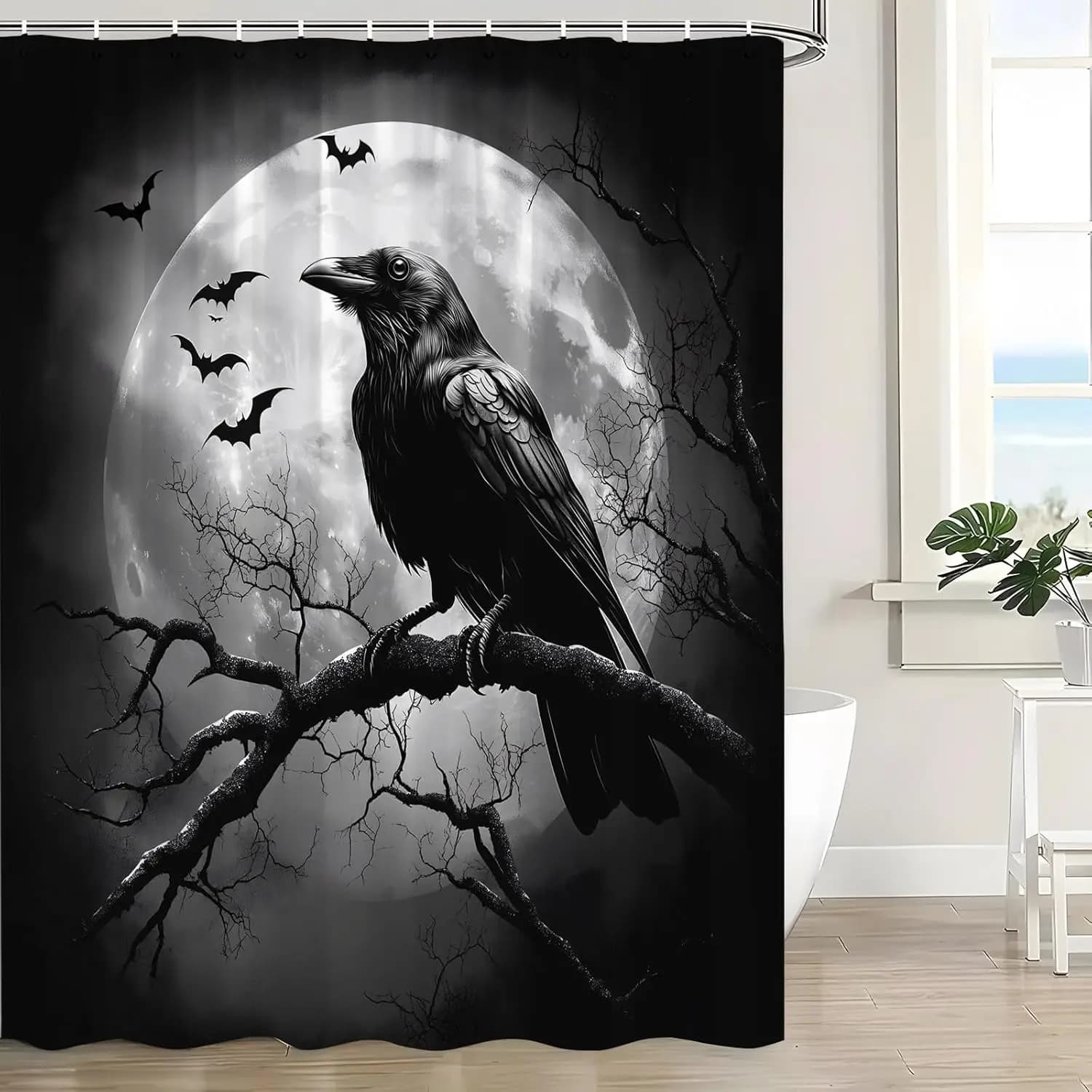 Tenda da doccia di Halloween Corvo nero Pipistrelli Creepy Luna piena Notte Gotico Horror Spaventoso Spettrale Misterioso Corvo Tenda da bagno con