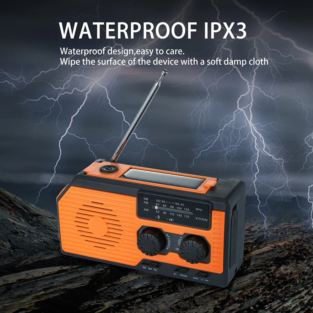Radio a Manovella Solare AM/FM/WB con Torcia LED e Funzione Meteo NOAA per Campeggio e Escursionismo, Radio Portatile Multifunzione