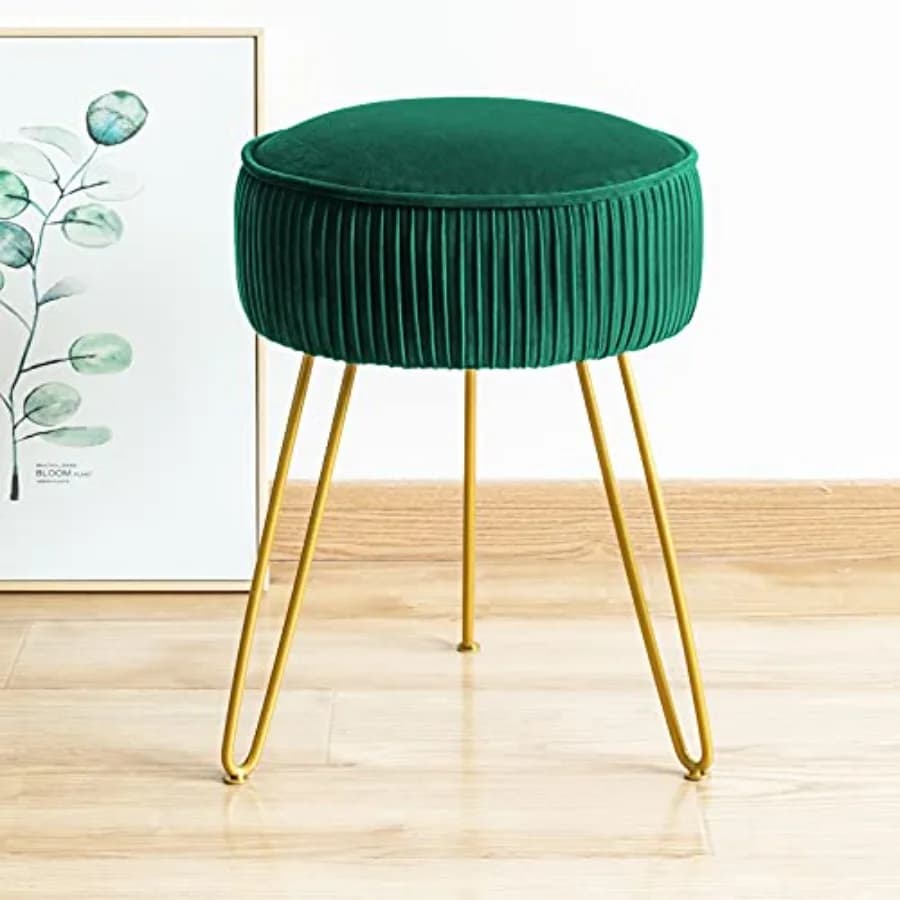 Sgabello Pieghevole in Velluto per Trucco, Sgabello Rotondo Moderno per Vanity, Poggiapiedi con Gambe in Metallo per Soggiorno