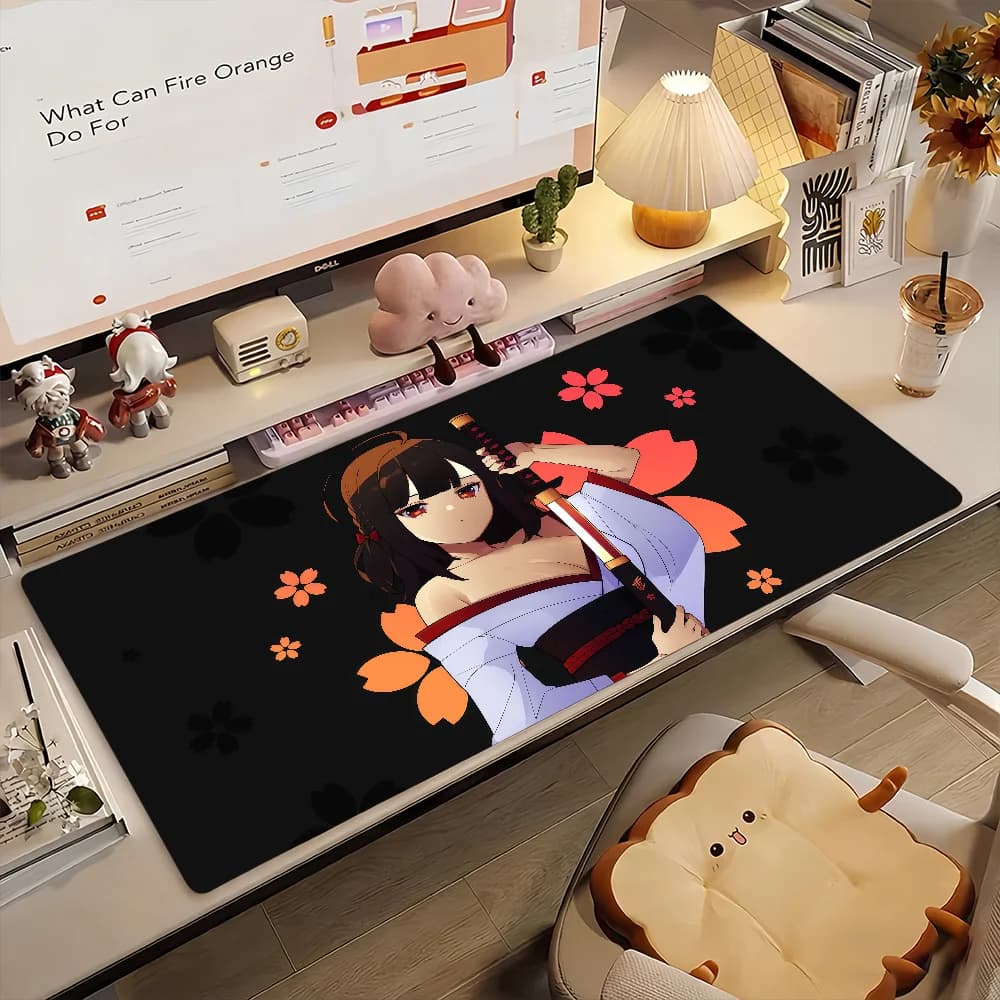 Tappetino per mouse da gaming, tappetino da scrivania, antiscivolo, bordi cuciti, ragazza anime samurai con sakura, tappetino antiscivolo per gaming e uso in ufficio
