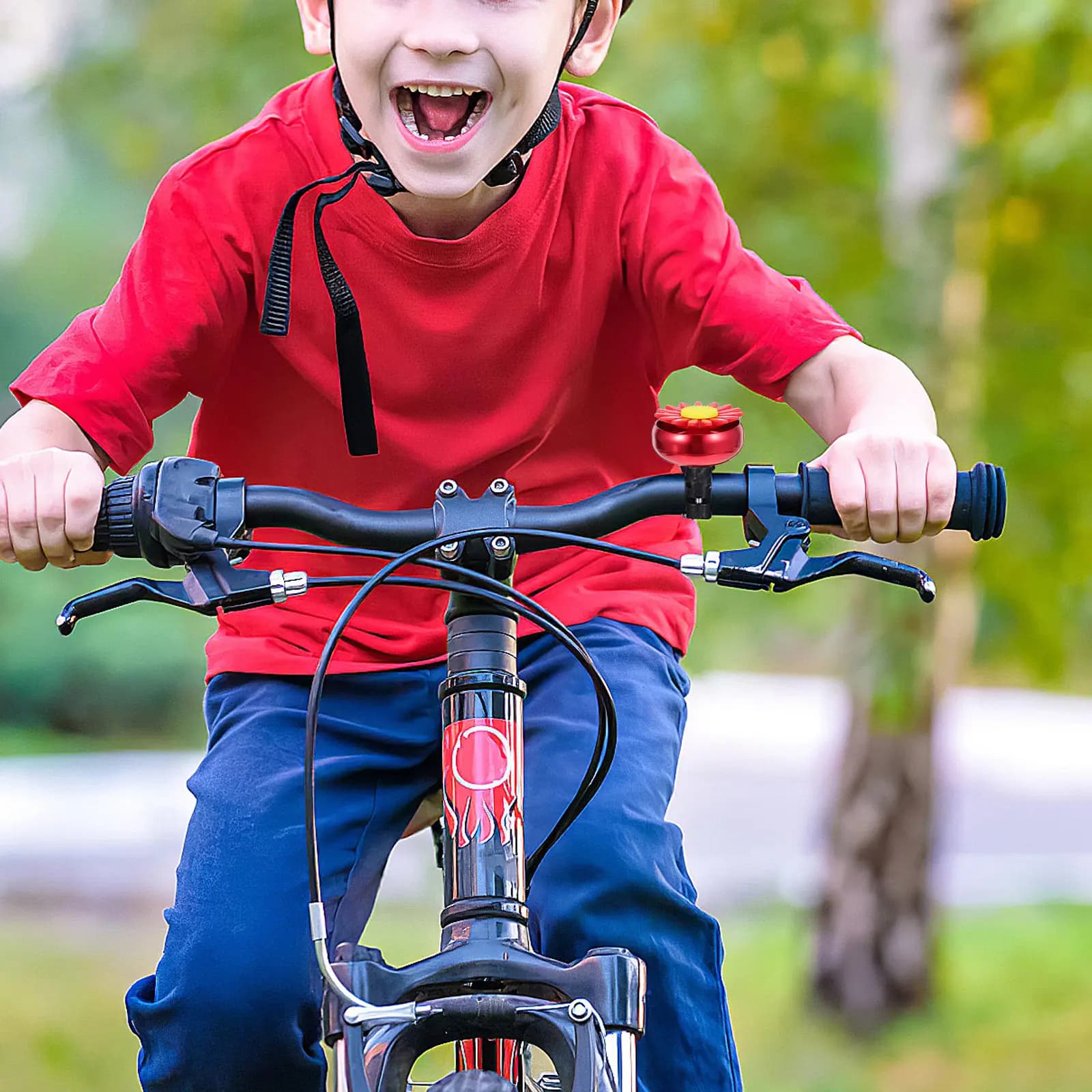 Campanello per Bicicletta a Forma di Girasole Rosso, Facile da Installare sul Manubrio, Suono Chiaro e Nitido, Leggero