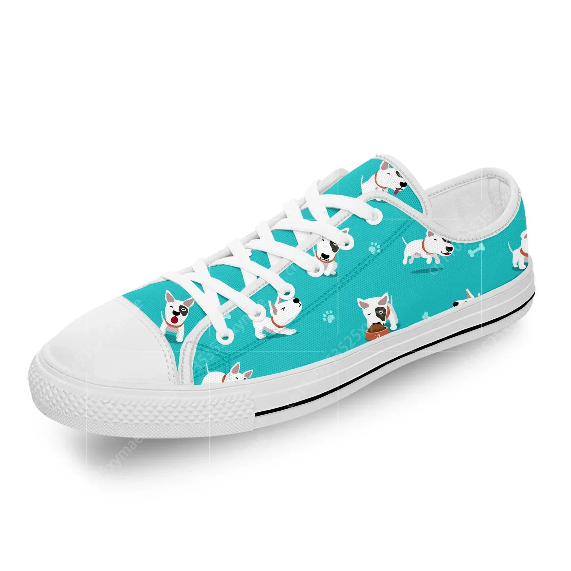 Scarpe da ginnastica basse in tela con stampa 3D di cane bull terrier in stile cartone animato, bianche, alla moda, leggere e traspiranti, da uomo e da donna