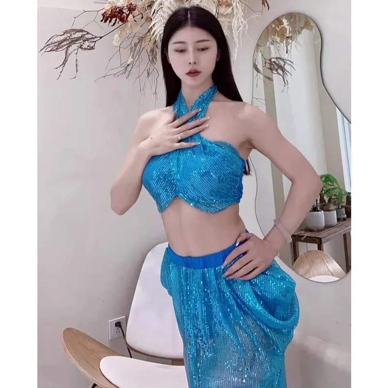 Costumi di danza del ventre personalizzati Abiti da pratica Nuova serie Collo Glitter Performance Wear Dress Donna sexy