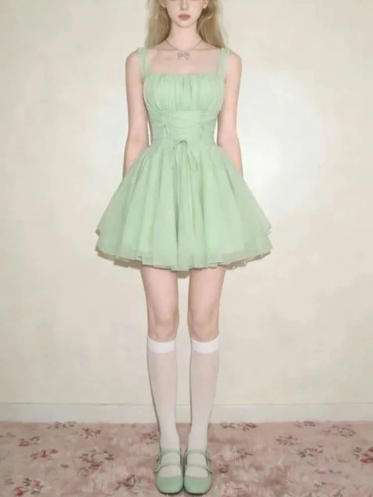 Sweet Green Style Strap Dress Women's Summer 2026 Waist Cinching Slimming Puffy Short Skirt Retro A-Line Dress