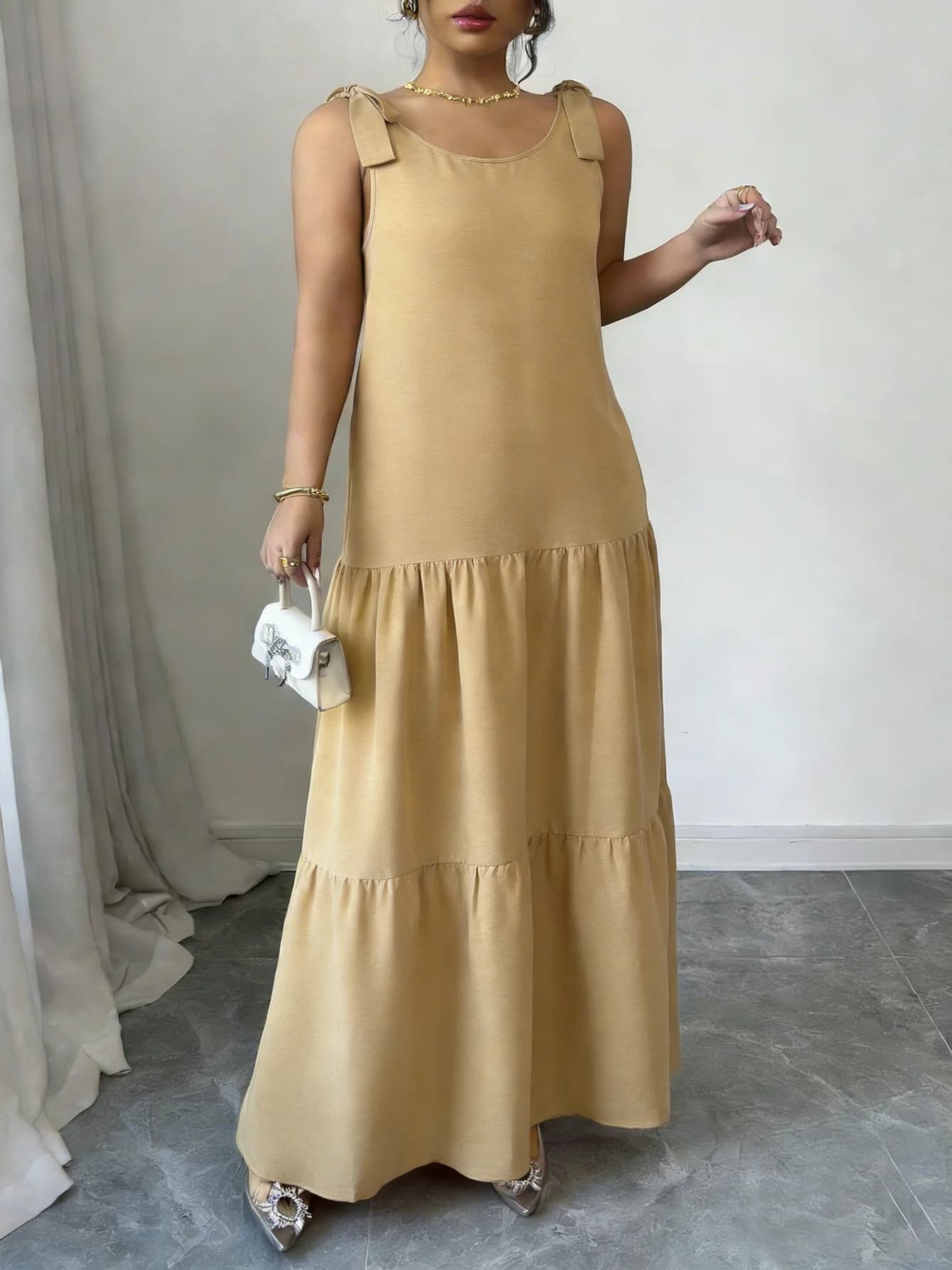 Maxi Dress Spring Summer Women Orange Sleeveless Tiered Ruffle Hem Bow Shoulder Casual Chic Vacation Beach Daily Dress