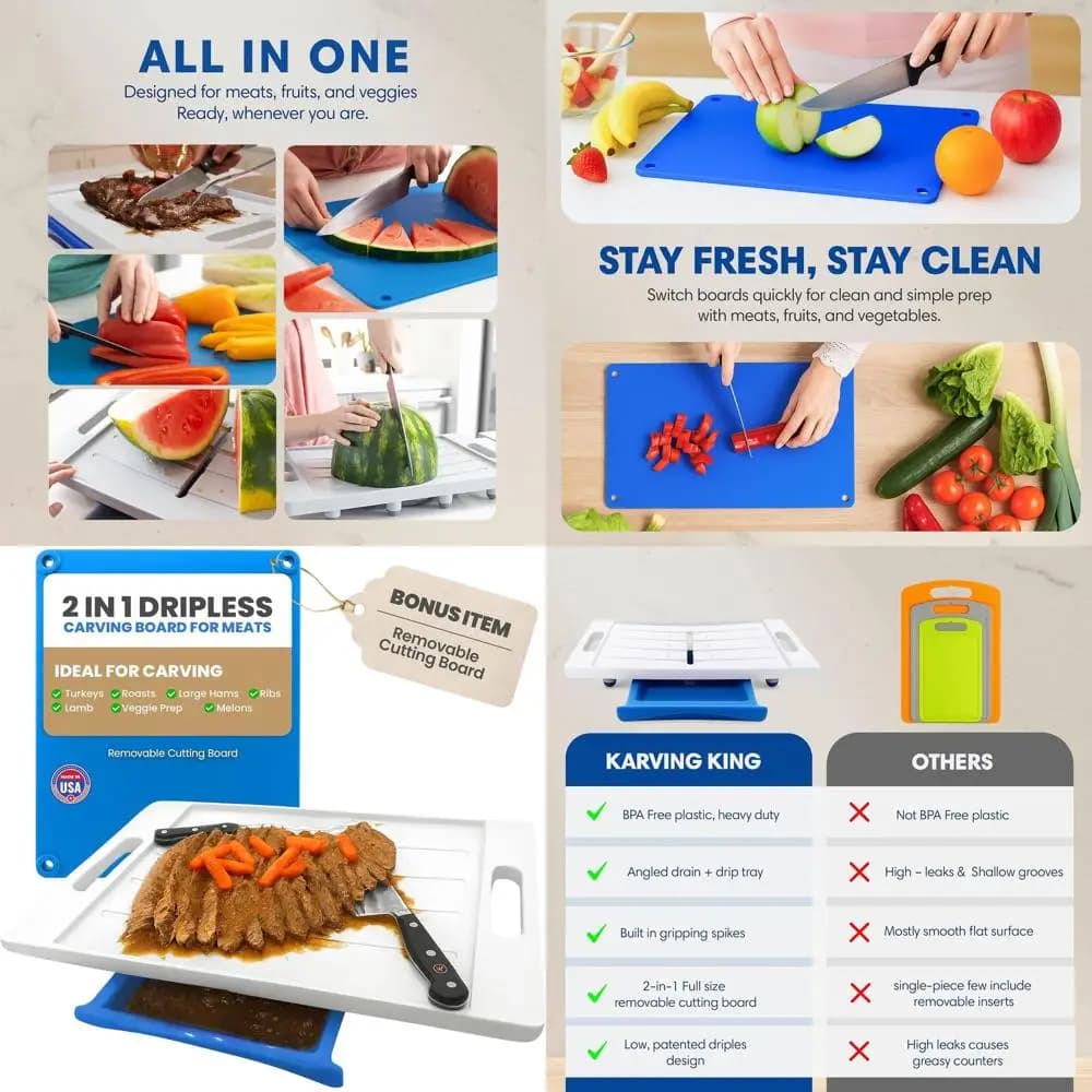 Grande Tagliere Blu con Scanalatura per Succhi, Punte, Vassoio Raccogli-Gocce e Superficie Rimovibile - Ideale per Affettare, Barbecue e Uso in Cucina