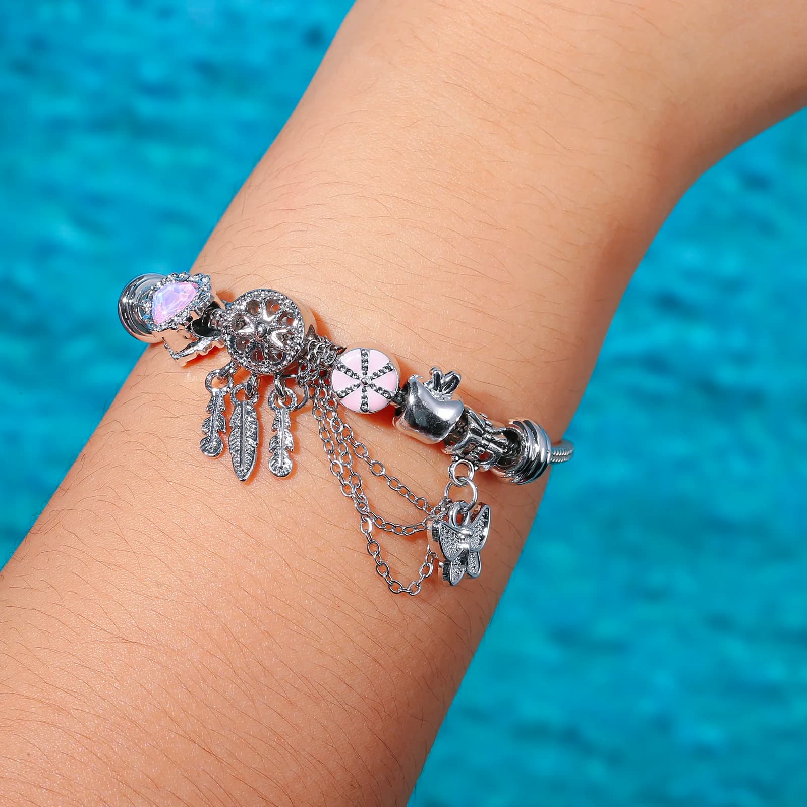 Silvery Stainless Steel Dreamcatcher Charm Bracelet with Pink Heart and Flower Pendants for Women