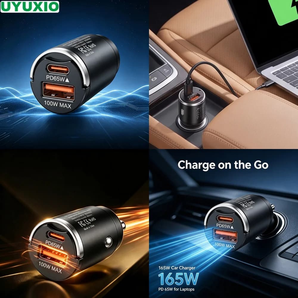 165W Travel Car Charger 65W USB C PD and 100W USB A Fast Charge Zinc Alloy Flush Fit Design for Vehicle Phone Tablet and Laptop