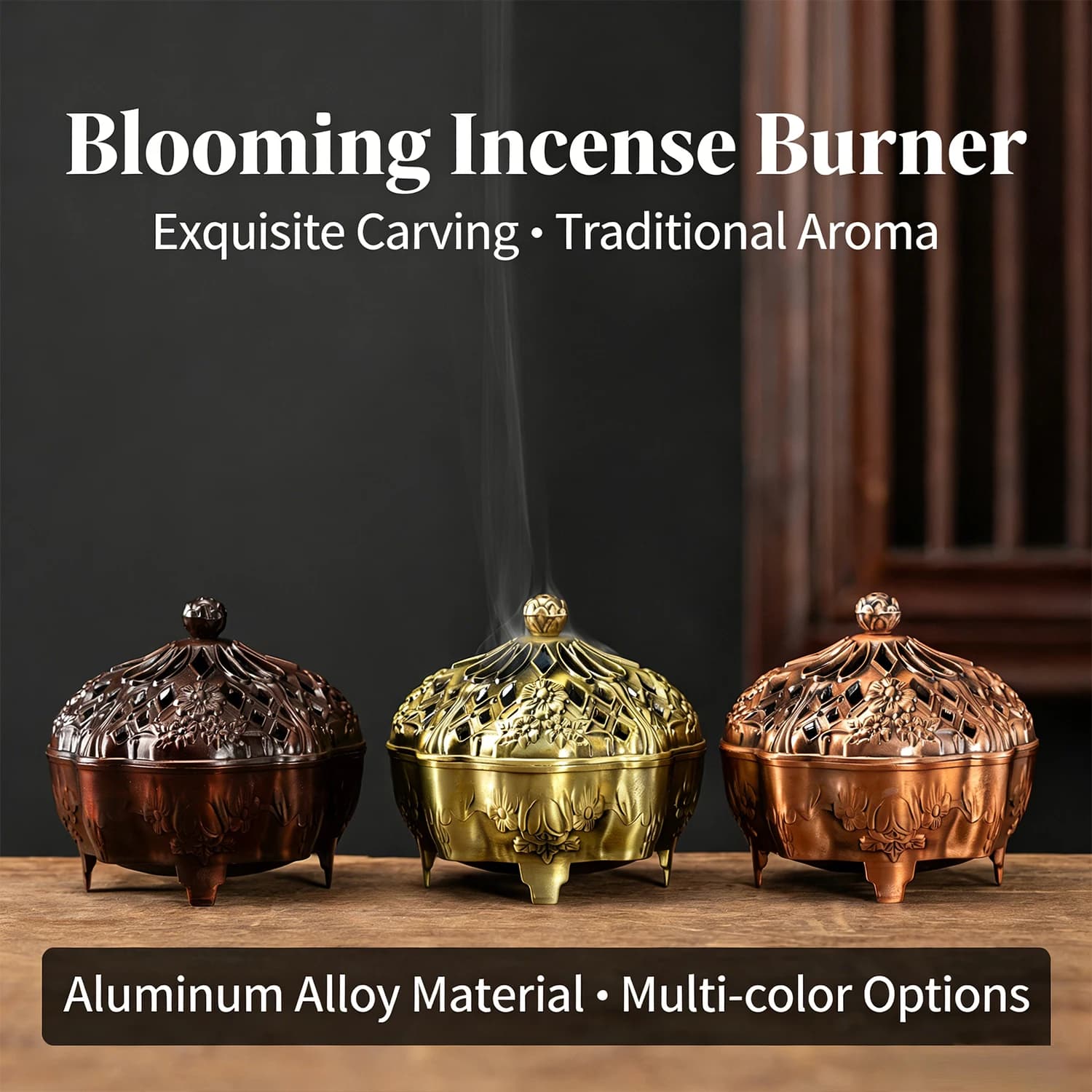 Vintage Floral Alloy Incense Burner Hollow-Carved Multi-Functional for Coil & Stick Incense Natural Xiangyun Stickless Powder