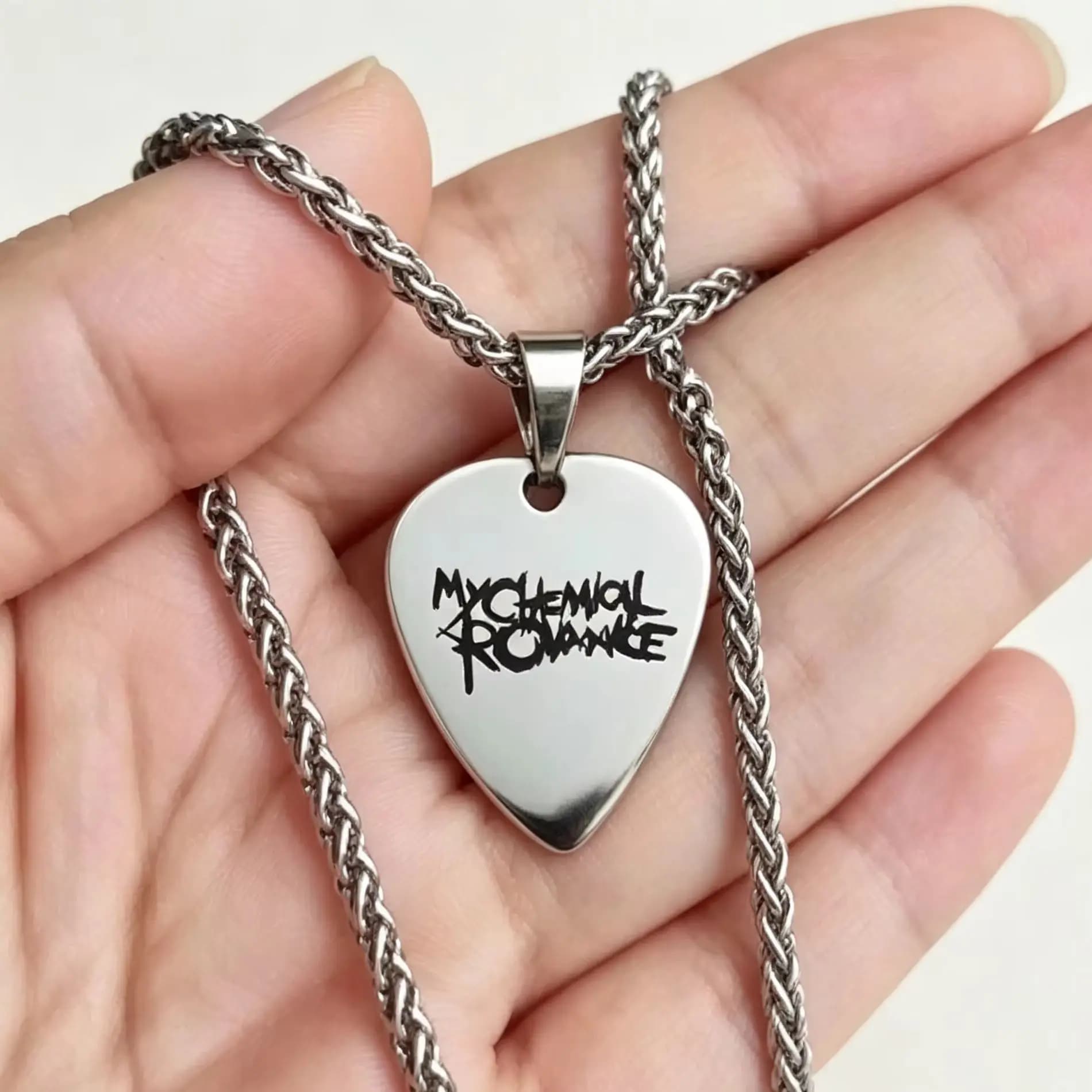 My Chemical Romance Rock Style Guitar Pick Pendant Necklace Stainless Steel Engraved Plectrum Necklace Hip Hop Punk Jewelry Gift