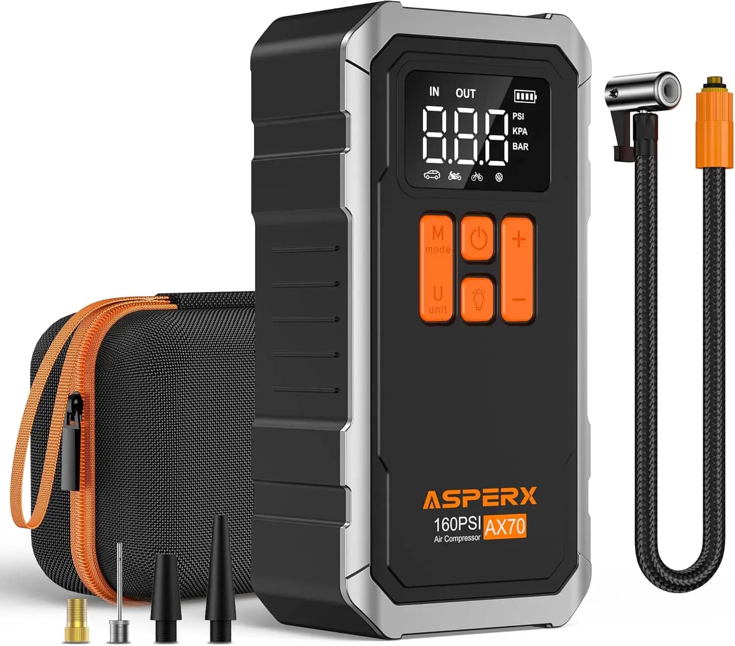 Gonfiatore per pneumatici senza fili 160PSI – Pompa ad aria portatile con LCD, spegnimento automatico, luce LED e custodia per il trasporto