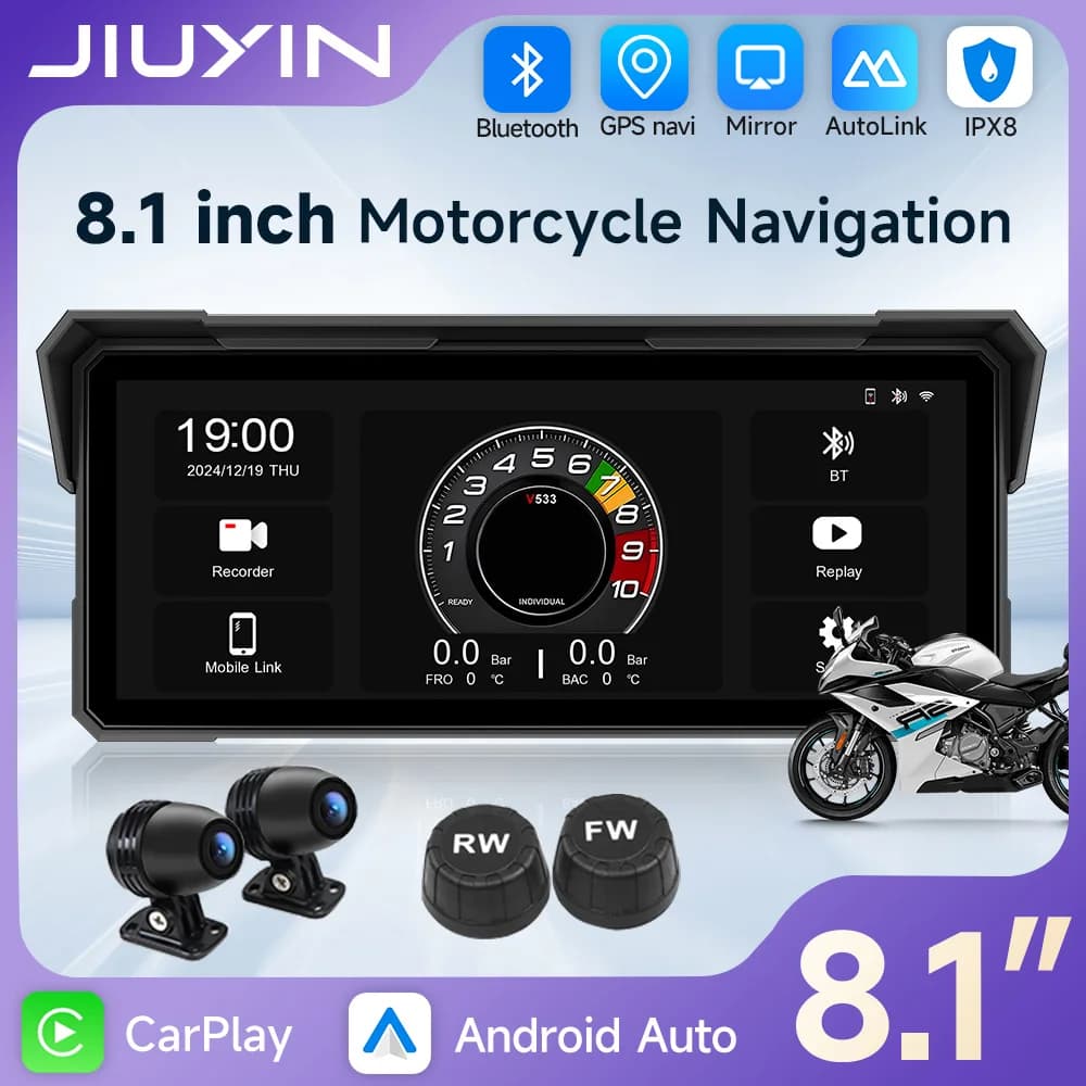 Schermo di navigazione per moto da 8,1 pollici Wireless CarPlay Android Auto 2K HD IPX8 Lettore multimediale impermeabile Registratore Bluetooth