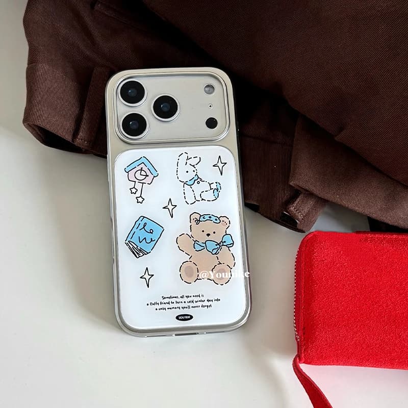 Cover per iPhone 17 Air 16 Pro Max 15 14 Plus 13 12 11 con design coreano, coniglietto e orsetto, elettroplaccata e con colla a goccia