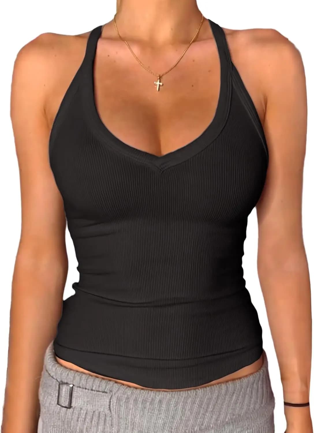 Danysu Top Women's Canotta with V-neck and Incroached Back, Padded, Long, Fitted, Basic Cams Style