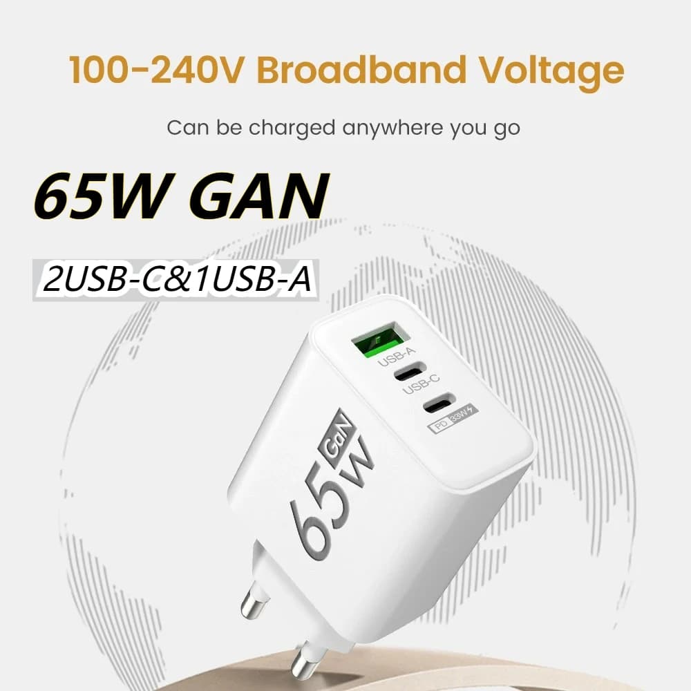 Quick USB GaN PD Charger from 65 W QC3.0 Type-C Wall Charger 3 Door Adapter for iPhone 16 Pro Samsung Xiaomi For Phone Spina KR EU USA