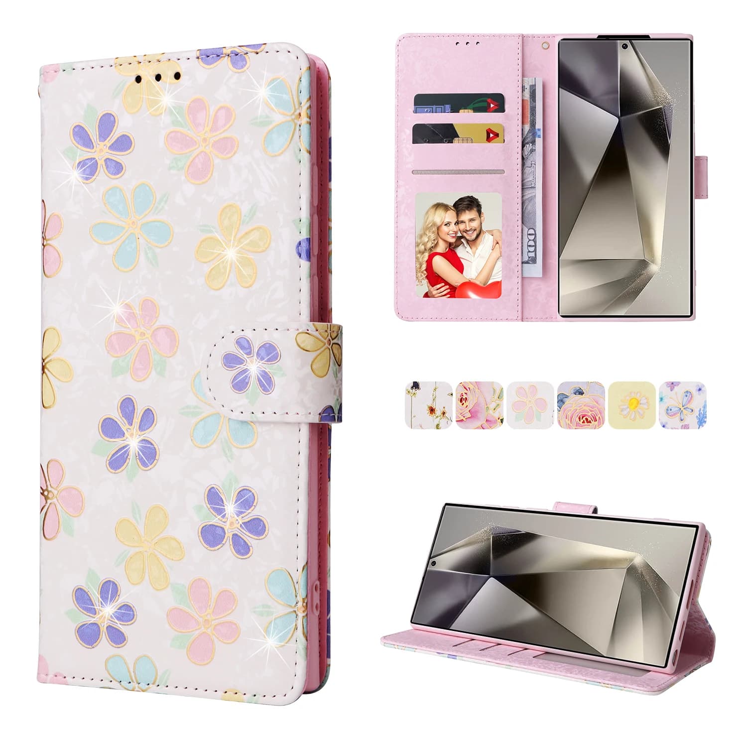 Leather wallet case with Solt floral pattern with luxury anti-theft magnetic card for Samsung S25 Ultra S24 Plus S23 A26 A36 A56 Cover pretty