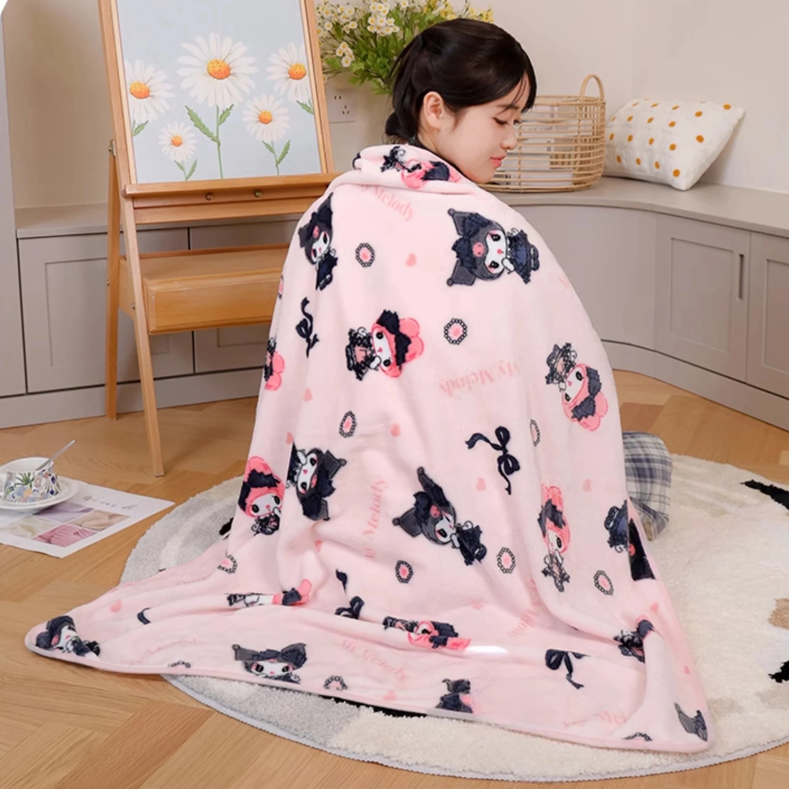 Kuromi My Melody Coperta Comoda coperta da viaggio calda Modello di cartone animato Stampa Coperta di flanella Coperta per auto Copriletto Ragazza