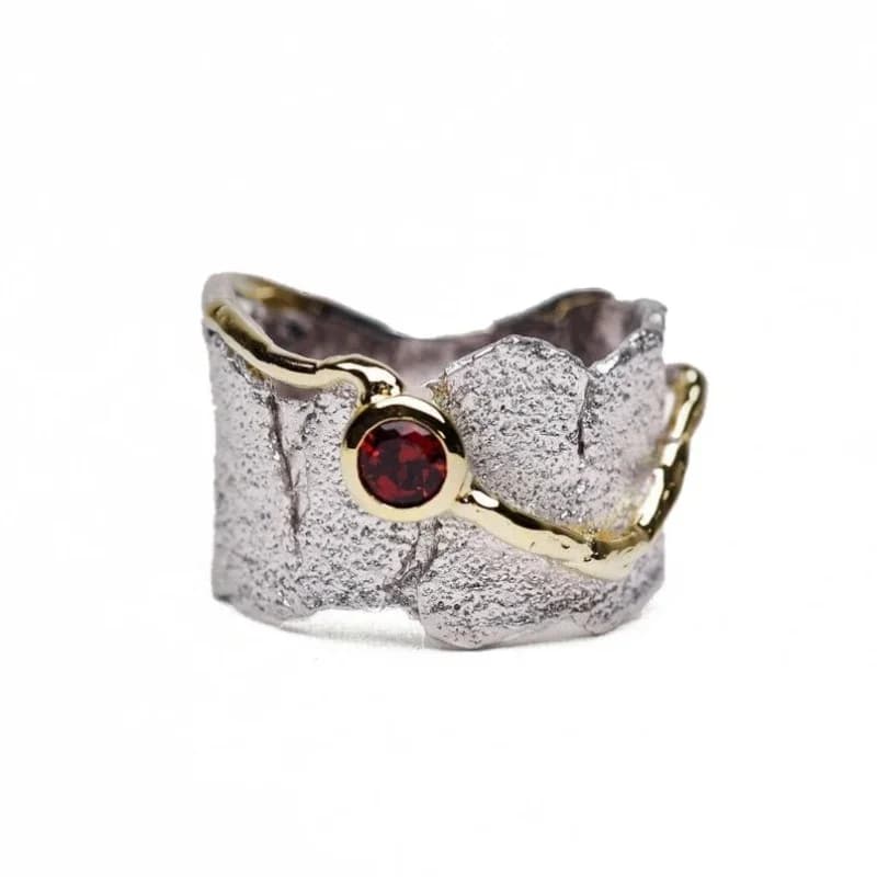 Vintage Women's Ring with Inlays in Red Zirconia, Old Bicolor Jewel Carved Hand for Daily Use and Feste, Anniversary Gift