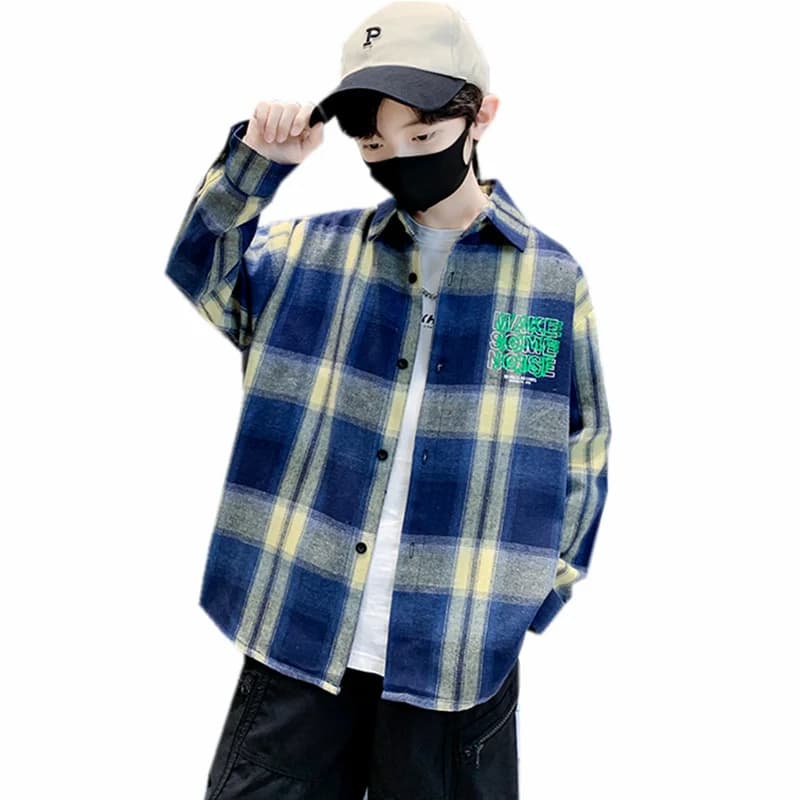 Children New Fashion Blue Plaid Shirt for Boy Casual Blouse Kids Cotton Top Spring Long Sleeve Baby Boy Clothes Outfit Age 5-14Y