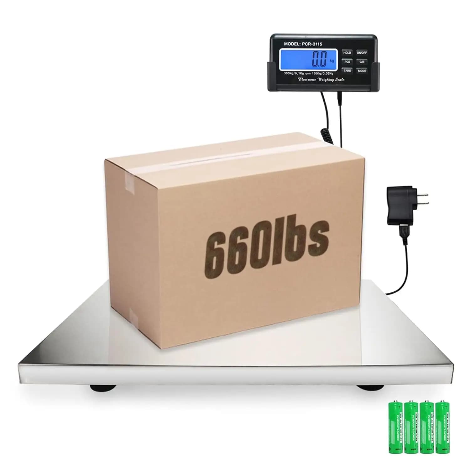 Bilancia digitale postale da 660 libbre x 0,1 libbre, piattaforma in acciaio inossidabile da 17x21 pollici, bilancia per spedizioni ad alta resistenza per pacchi, animali domestici, bagagli, alimentata a batteria/CA