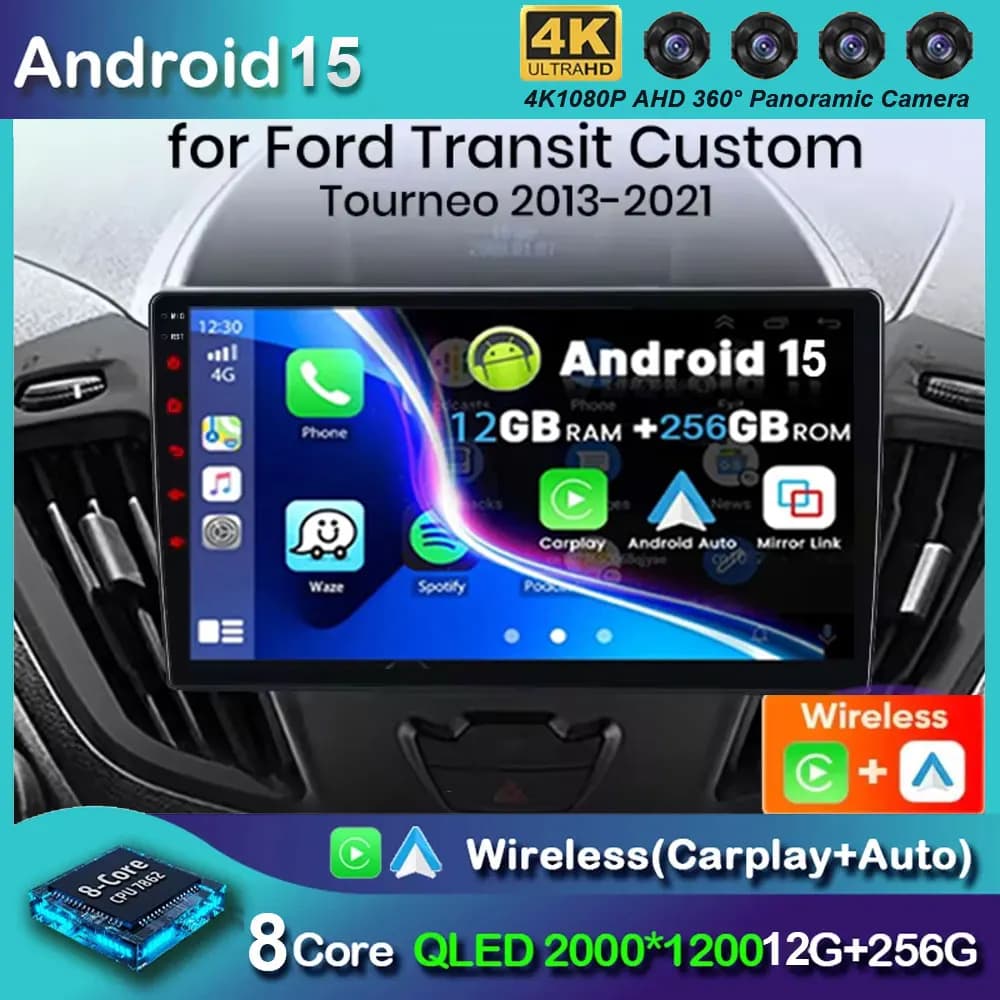 Android 15 Autoradio For Ford Transit Custom Tournament 2012 - 2021 GPS navigation Multimedia Stereo WiFi + 4G Carplay BT 2DIN