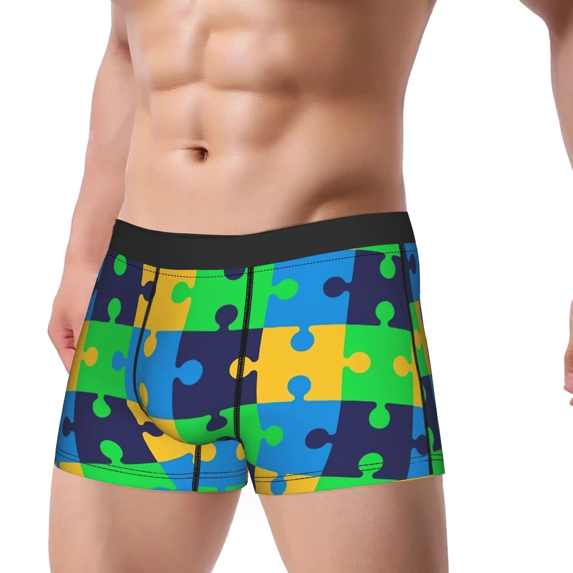 Boxer da Uomo Traspiranti con Stampa Puzzle Autismo Simmetrico Blu Verde Giallo, Slip Personalizzati con Tasca, Taglie Forti