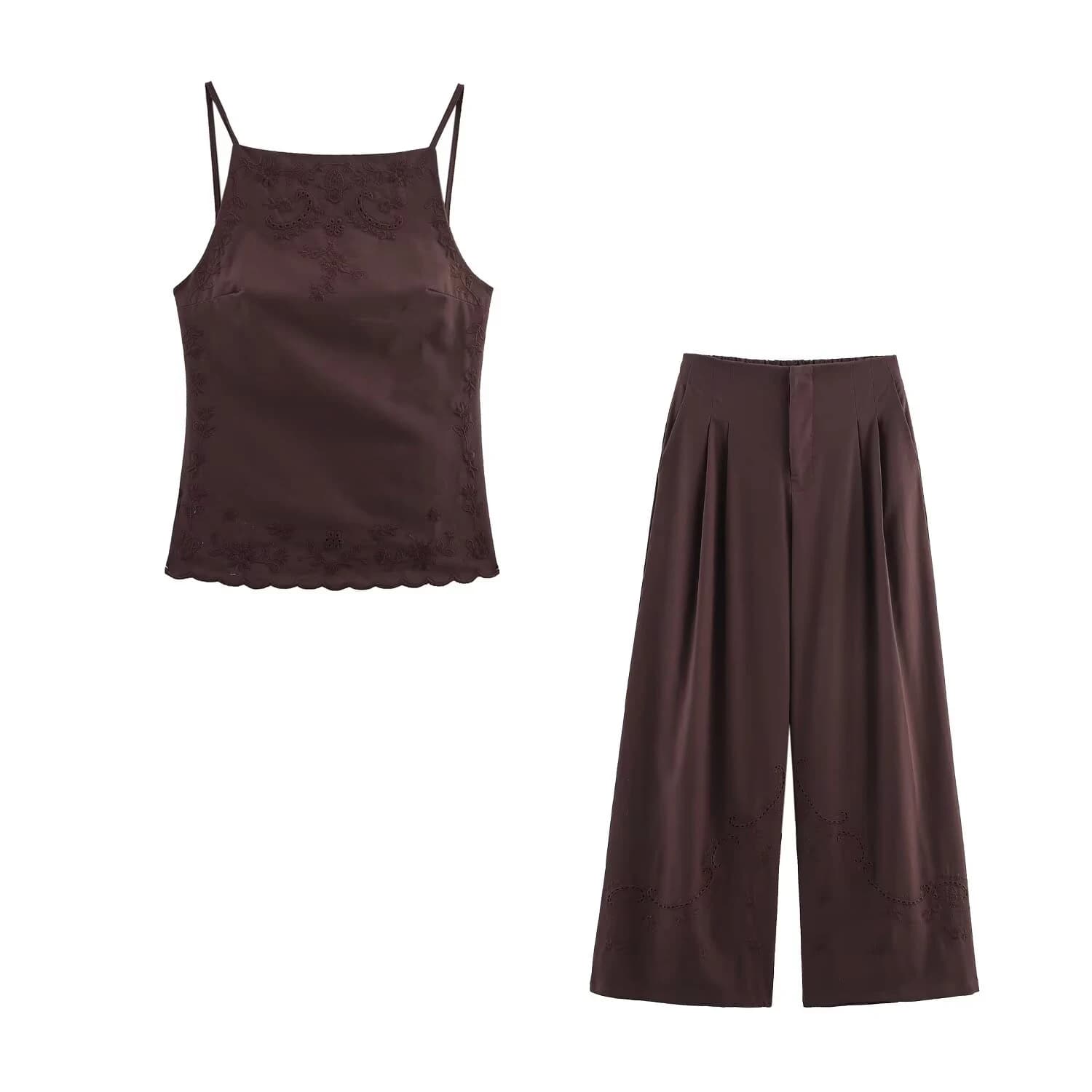 Fashionable Embroidered Vacation Style Sexy Bareback Flat Mouth Embroidered Small Strap+Embroidered Wide Leg Pants Set