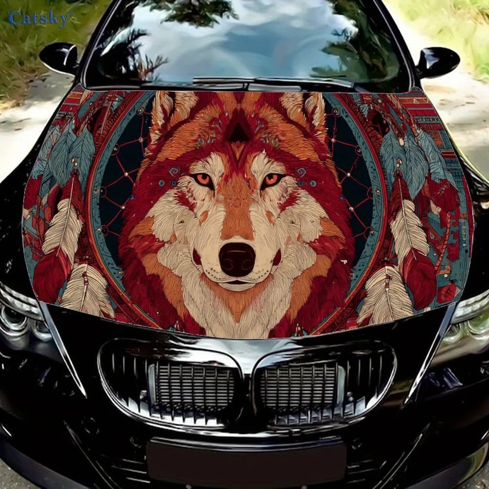 Red Wolf and the Red Dream Catcher Car Hood Sticker, Personalized & Trendy Auto Art Decal, Self-adhesive Waterproof Car Exterior