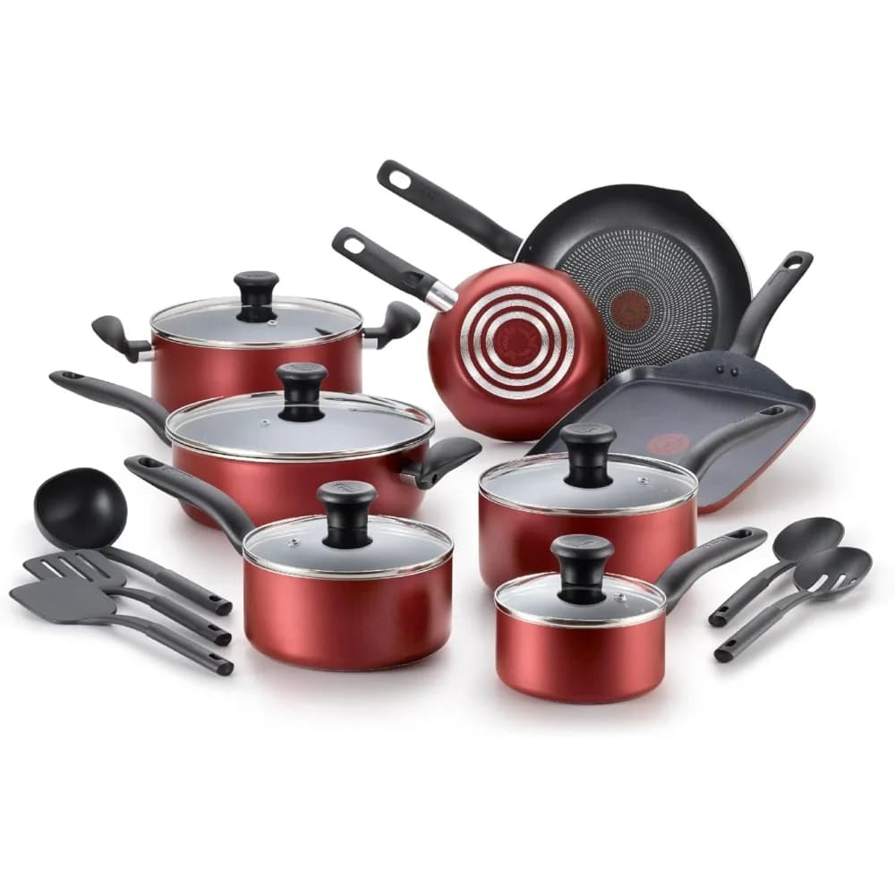 T-fal Initiatives Set of 18-piece non-stick pans, Safe Meat Oven 350F, Kitchen Set with pans, Pots, Padella,