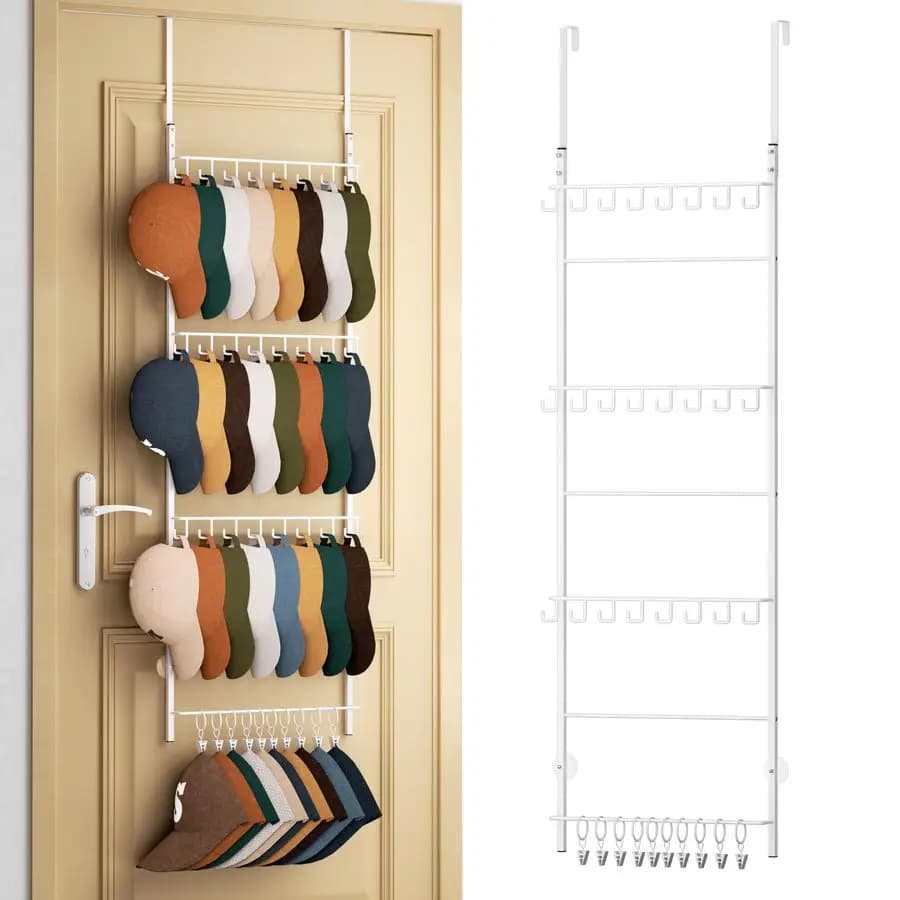 Organizzatore per Cappelli da Appendere Sopra la Porta, Porta Cappelli a 4 Livelli con 24 Ganci e 10 Clip Mobili, Organizzatore per Cappellini da Baseball