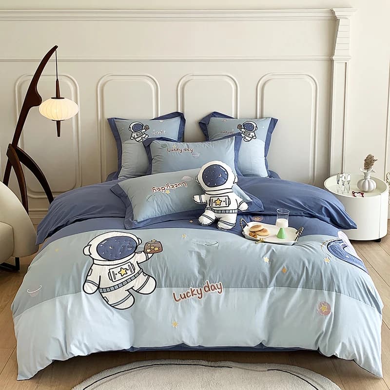 Blu simpatico cartone animato astronauta ricamo 100% cotone ragazzi biancheria da letto Set copripiumino singolo lenzuolo federe regali per bambino