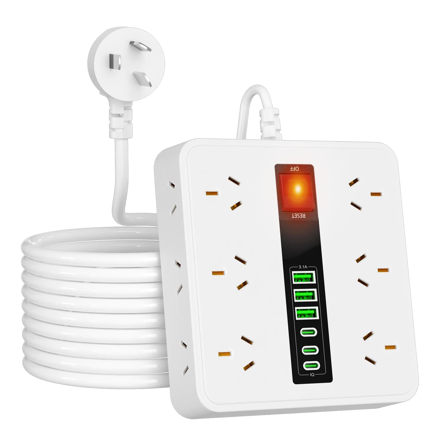 Australian Plug Power Board 6/12 Power Sockets 6 USB (3A+3C) Smart Charging Overload Protection Switch 1.8M Extension Cable