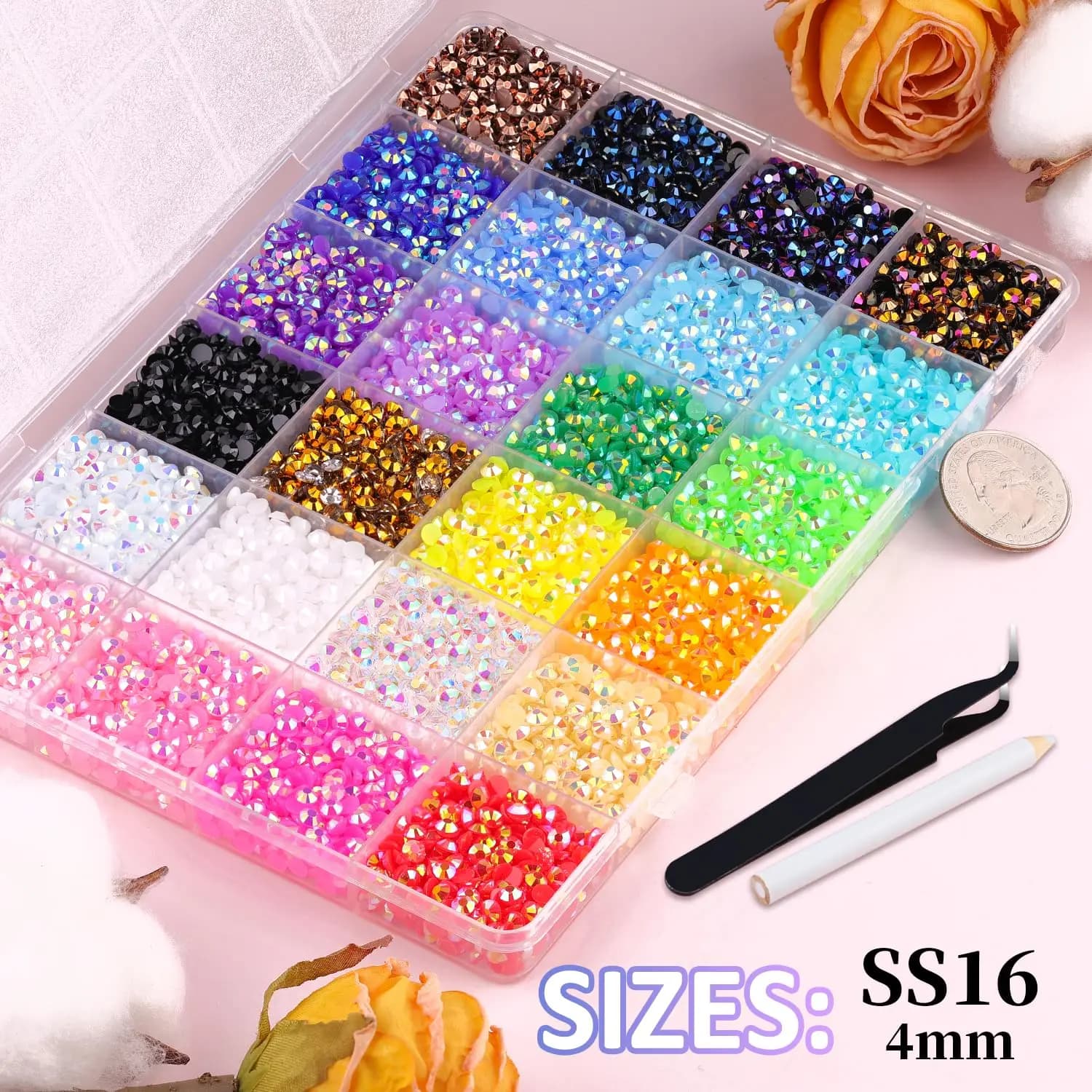 18000Pcs Premium Resin Jelly Rhinestones Bedazzling Kit, Mixed Iridescent Multi-Color 4mm Round Flatback Crystal Gems for 5D Diamond Art, Complete Bedazzler Set with 3Pcs 10ml Clear B7000 Jewelry Adhesive Glue for DIY Crafts, Scrapbook Book, Shoes