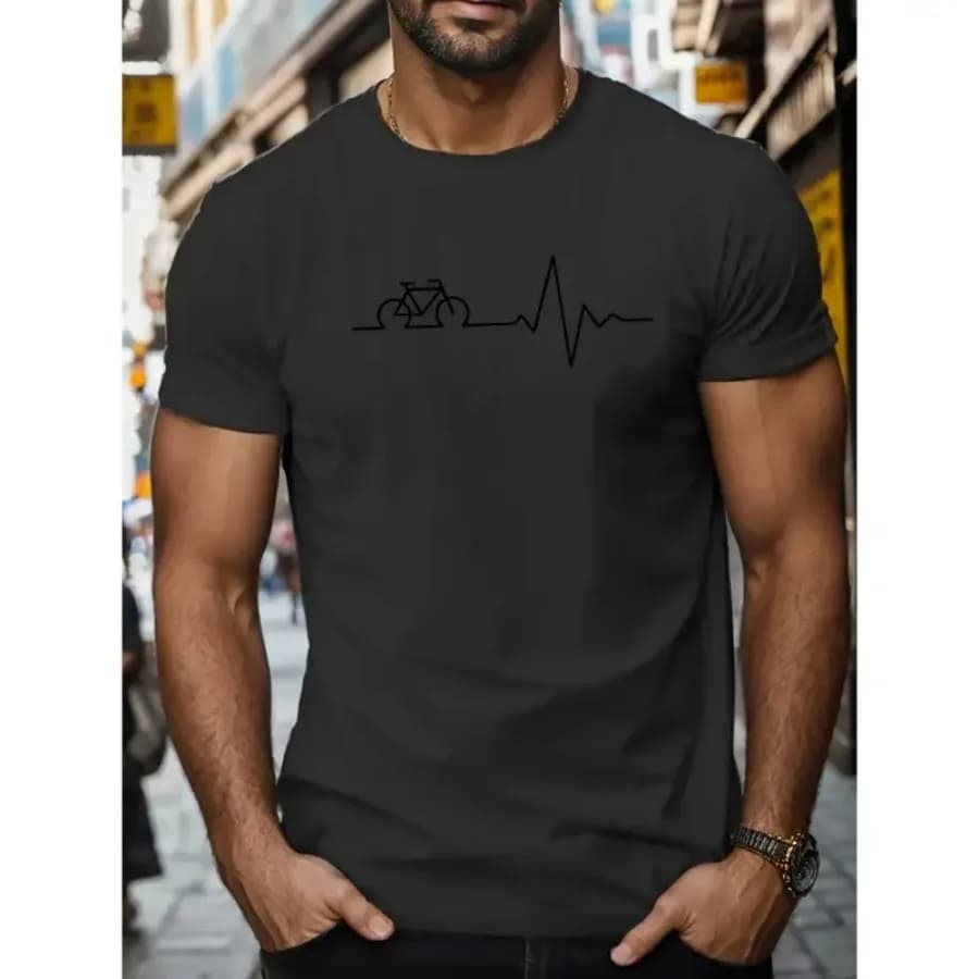 T-shirt elegante da uomo con stampa creativa Elettrocardiogramma Bicicletta, top estivo casual, comodo e alla moda, girocollo corto Sl