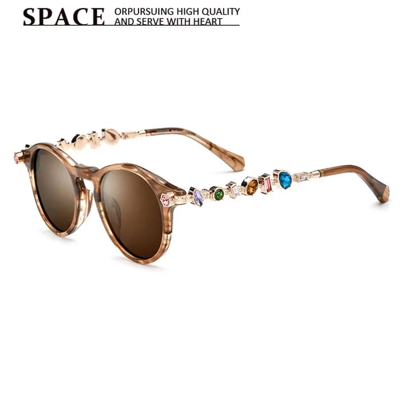 Luxury Gem Decor Metal Temple Round Polarized Sunglasses Women Men Trend Brand Acetate Frame Driving Sun Glasses