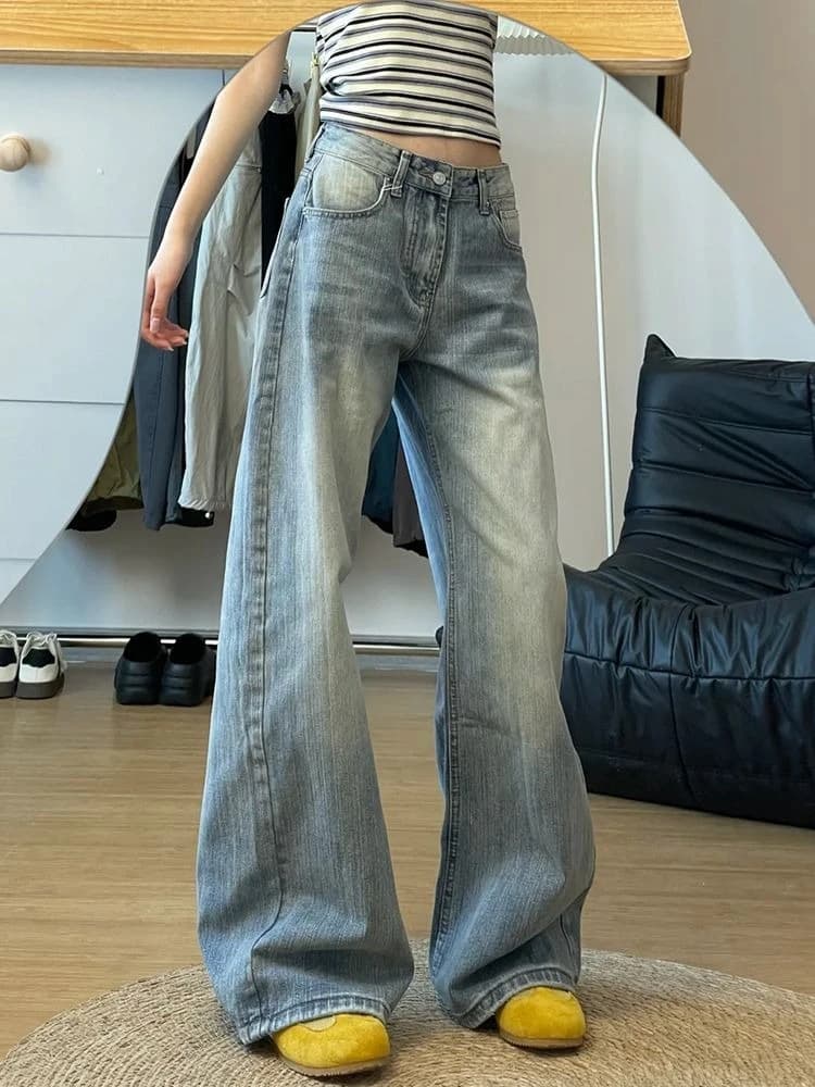 Jeans Americani Nuova Moda a Gamba Larga, Vita Alta, Slim Fit, Morbidi, per Donna, Streetwear Premium