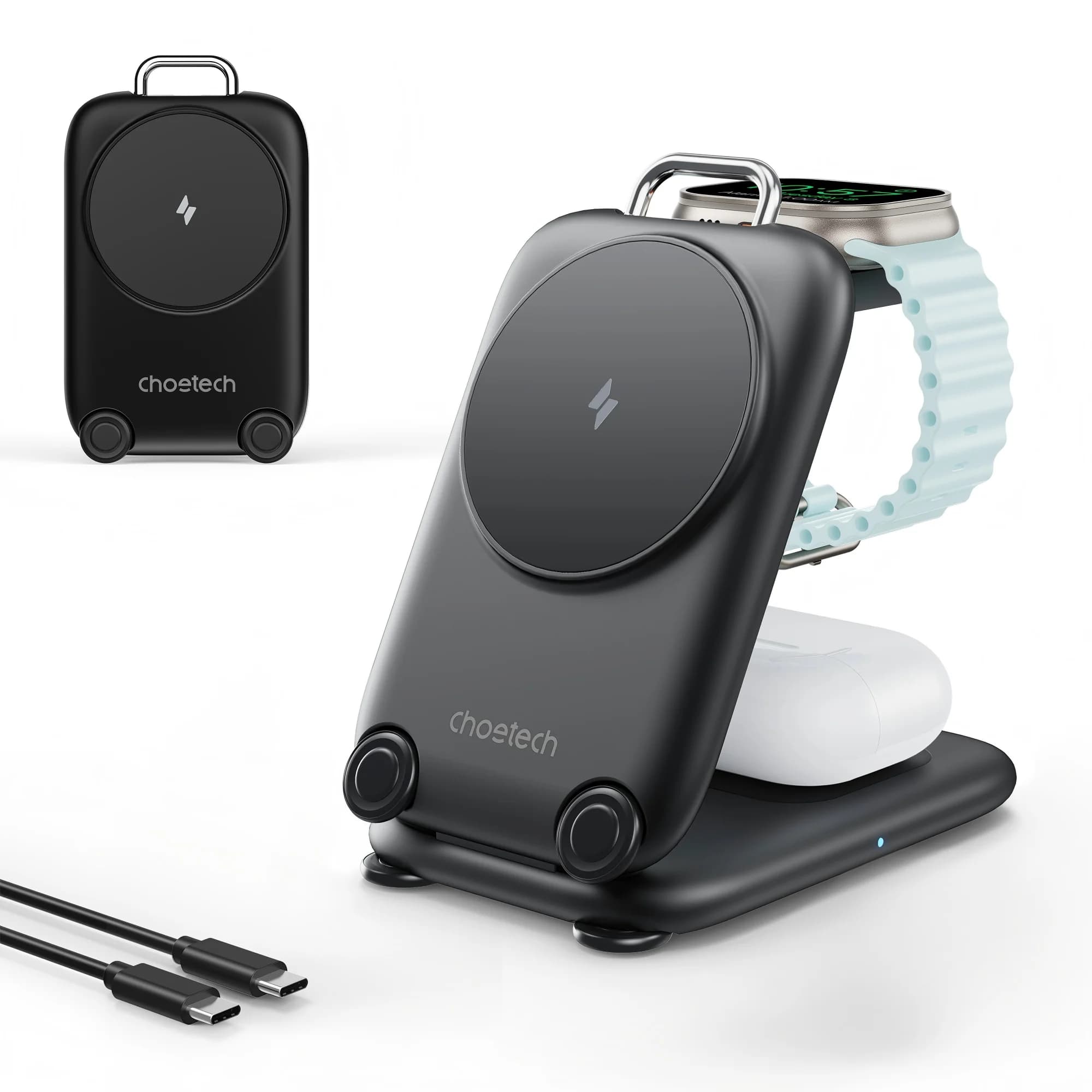 15W mobile phone/watch/earbuds three-in-one portable folding stand with magnetic wireless charging capability, black, no adapter
