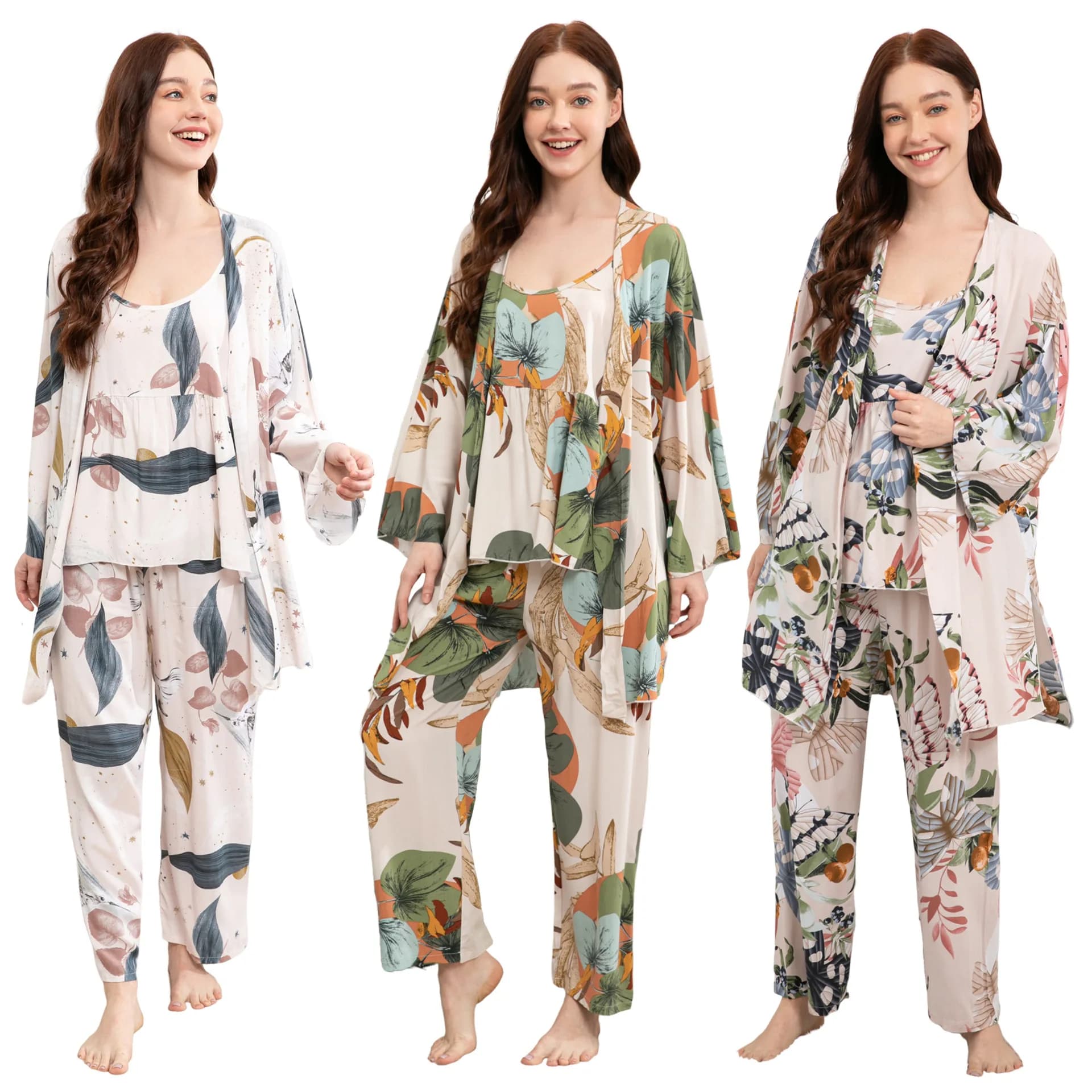 Women's Three Piece Viscose Cotton Set Spring and Autumn Set Comfortable Soft Home Dress with Pants Set pyjamas