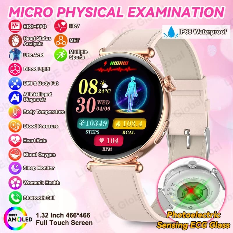 New LIGE Smartwatch for Women with ECG+PPG, Blood Fat Analysis, Urico Acid, Blood Pressure, Menstrual Cycle, Cardiaca Health, BT Calls, Bracelet for Ladies