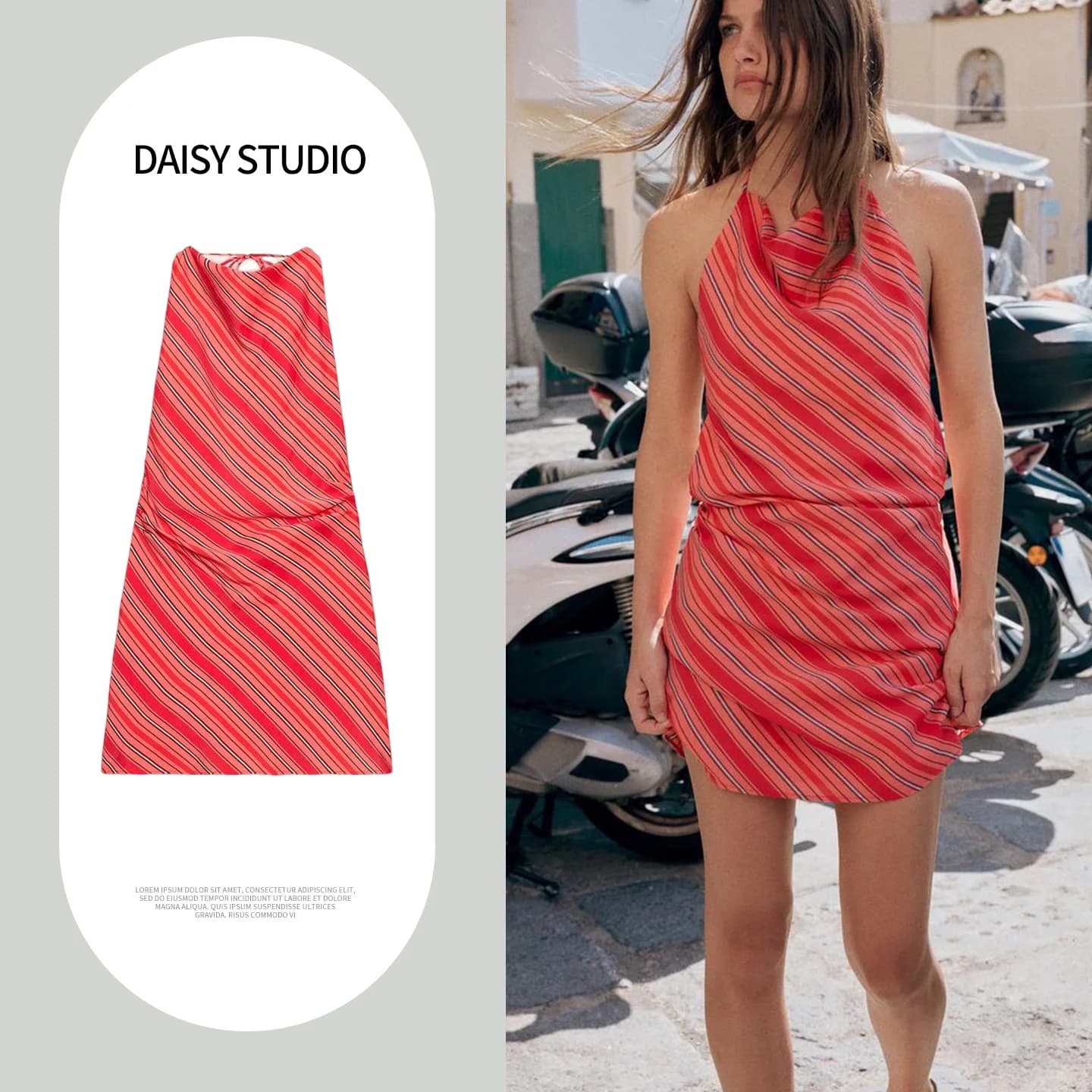 Nuovo Abito Estivo da Donna Stile Ins con Nodo in Vita, Schiena Scoperta, a Righe, Plissettato, con Scollo all'Americana, Gonna Casual a Trapezio in Poliestere