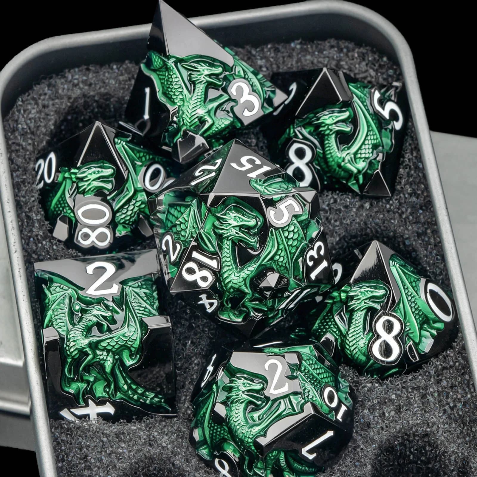 Dungeons and Dragons Dice Set for Role Playing Game, Green Metal DND Dice Set, Prg Polyhedral D&D Dice Set D20 D12 D10 D8 D6 D4