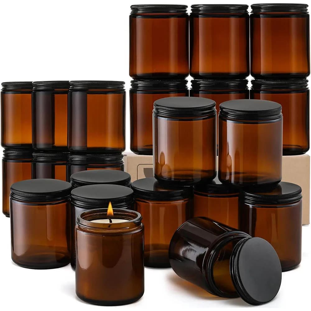 Barattoli in Vetro Ambrato da 8oz con Coperchi Neri - Per Candele, Conservazione Alimenti, Inscatolamento, Spezie, Liquidi