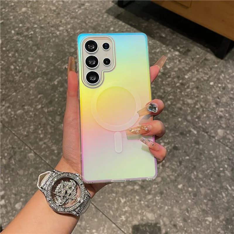 Custodia magnetica arcobaleno con gradiente laser alla moda, adatta per la custodia protettiva opaca Samsung Galaxy S25 S24FE S23 Ultra Plus