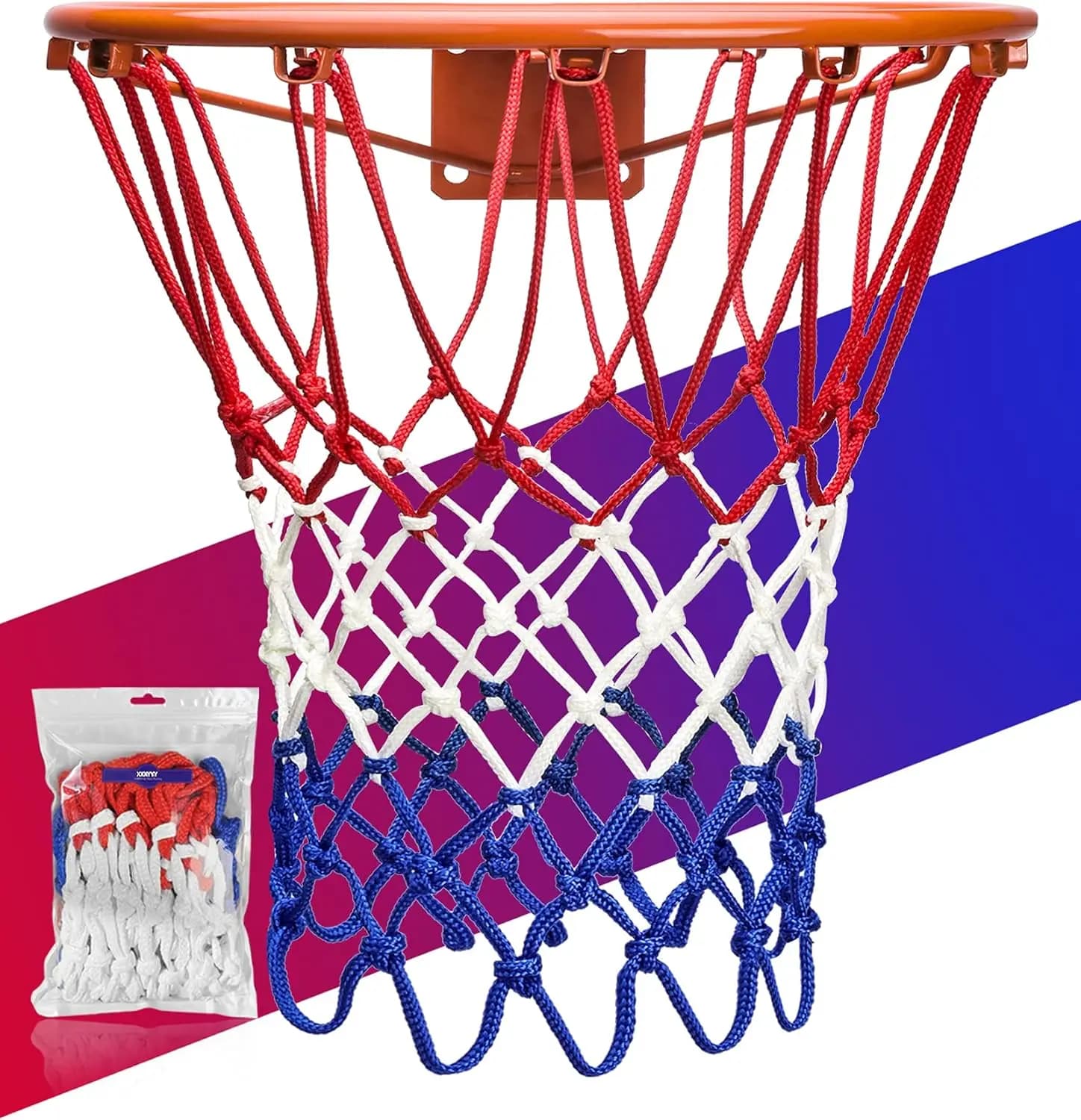 Rete da basket resistente, 12 anelli, 21 pollici, adatta per cerchi standard, per tutte le stagioni, rosso bianco blu
