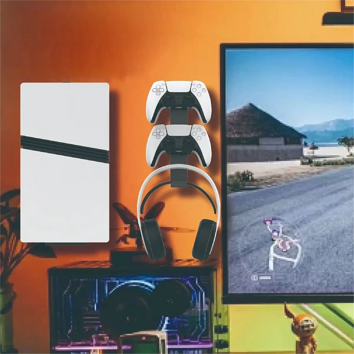 Supporto Universale da Parete OKgood per PS5 / Sim/Pro, Porta Controller e Cuffie Combinato, Rack di Stoccaggio per Gaming in Ferro, Bianco