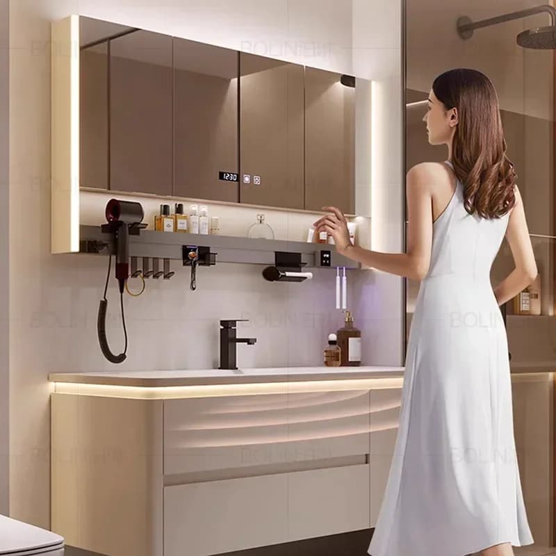 Armadi da bagno moderni e semplici con piastra in roccia Armadietti da bagno intelligenti con design a prova di nebbia a parete Mobili per la casa Arredo Bagno FYBC